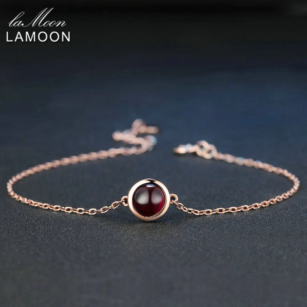 LAMOON Classic Simple 6mm 1.1ct 100% Natural Red Garnet 925 Sterling Silver Jewelry S925 Charm Bracelet LMHI021