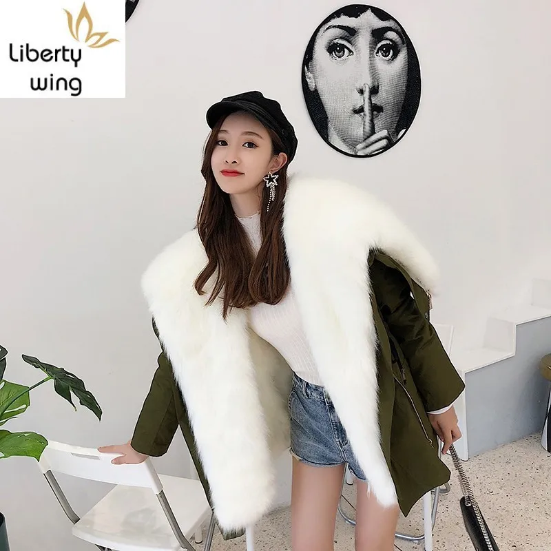 Faux Fox Fur Liner Detachable Overcoat Women Winter Fashion Street Zipper Hooded Coat Army Green Warm Casual Outerwear Jacket