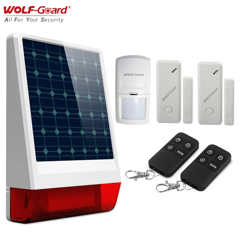 

Wolf-Guard DIY Wireless Outdoor Weather-Proof Solar Siren Security Alarm Burglar System Door Sensor PIR Motion Detector Keyfobs