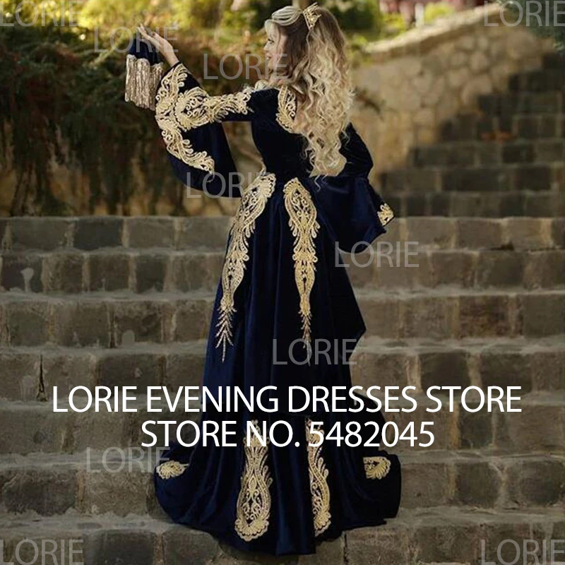 LORIE Moroccan Caftan Evening Dress 3 Pieces Remove Skirt Appliques Gold Lace Long Sleeve Mermaid Velvet Prom Celebrity Gowns