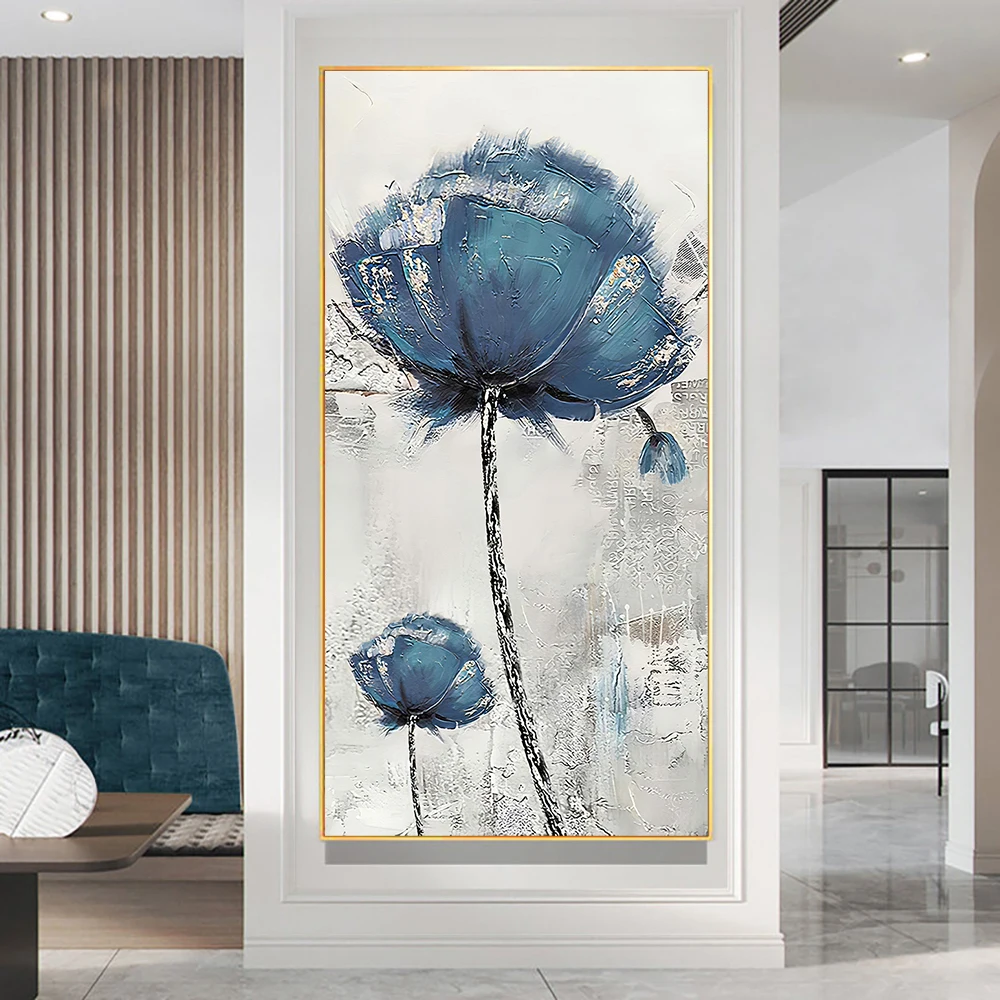 Hand-painted Abstract Flower Oil Painting Nordic Wall Art Handmade Blue Poppies Art Canvas Oil Painting Modern House Aisle Decor