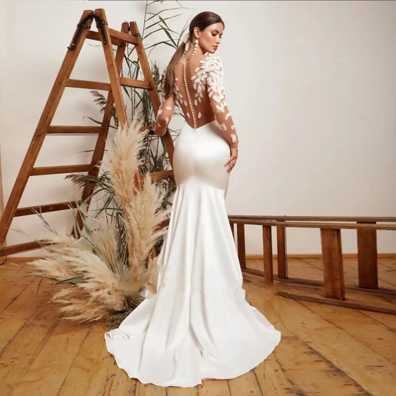 Robe de mariée sirène dos nu avec appliques en dentelle pour la mariée, manches longues, train de balayage, robe de patients sur mesure, boutons, 2024