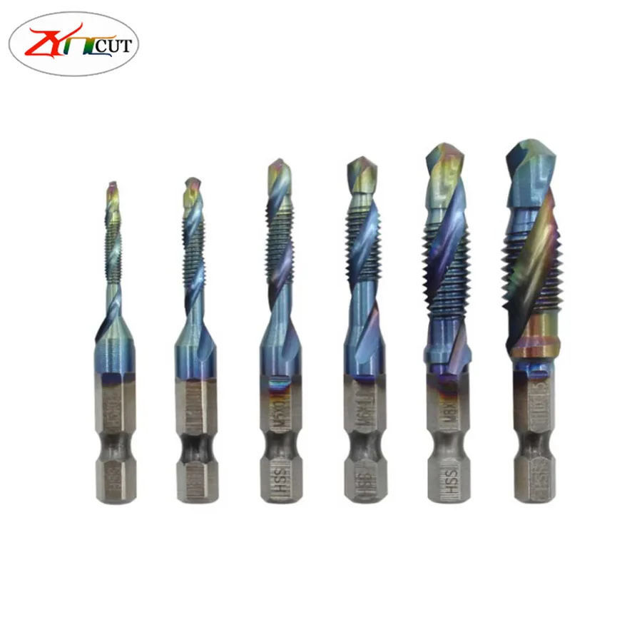 

6Pcs M3 M4 M5 M6 M8 M10 Hand Tools Hex Shank Titanium Plated HSS Screw Thread Metric Tap Drill Bits Screw Machine Compound tap