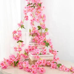18 Heads Artificial Cherry Blossom Rose Vine Wall Hanging Flower Decoration Rattan Fake Plant Leaf Wreath Roman Home Decor