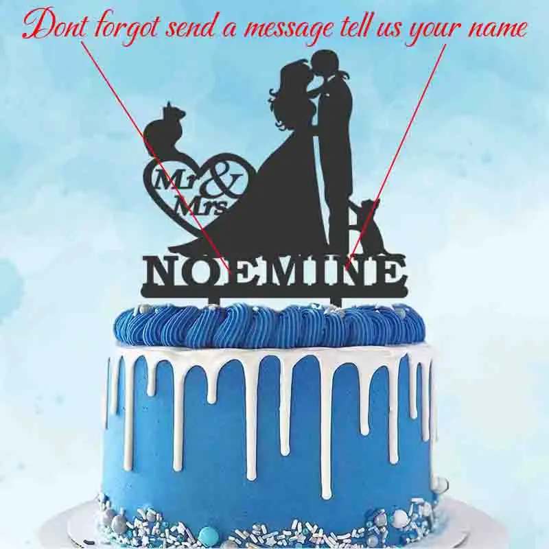 Personalized Mr Mrs Name,Couples and Lovely Cat Silhouette Acrylic Cake Topper YC009