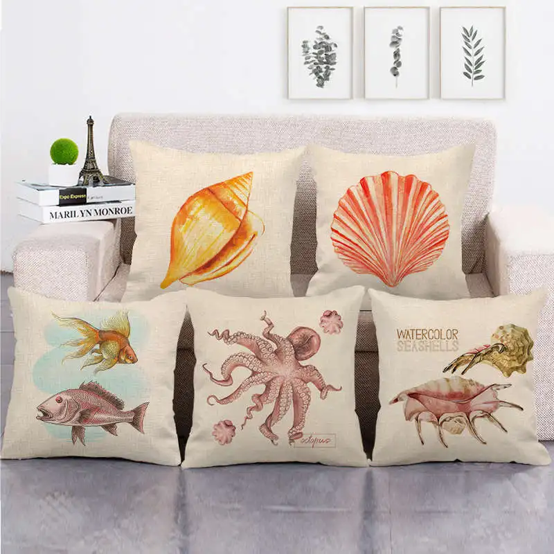 

Custom Throw Pillow Covers 45*45cm Marine Life Square Cushion Cover Home Decoration Conch Seashell Linen Pillow Case For Pillow