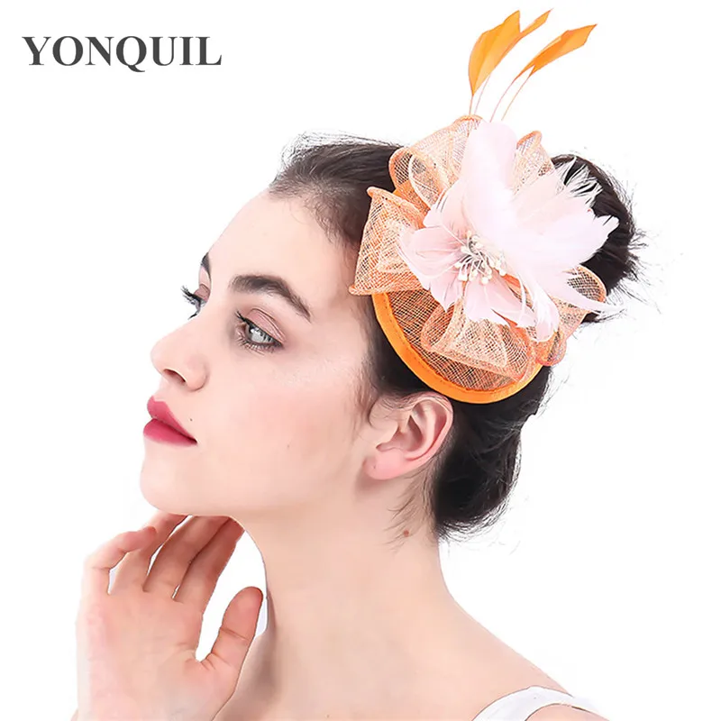 

Orange Wedding Hair Accessories Women Fascinators Hat Millinery With Feather Flower Tea Party Wedding Party Cocktail Headwear