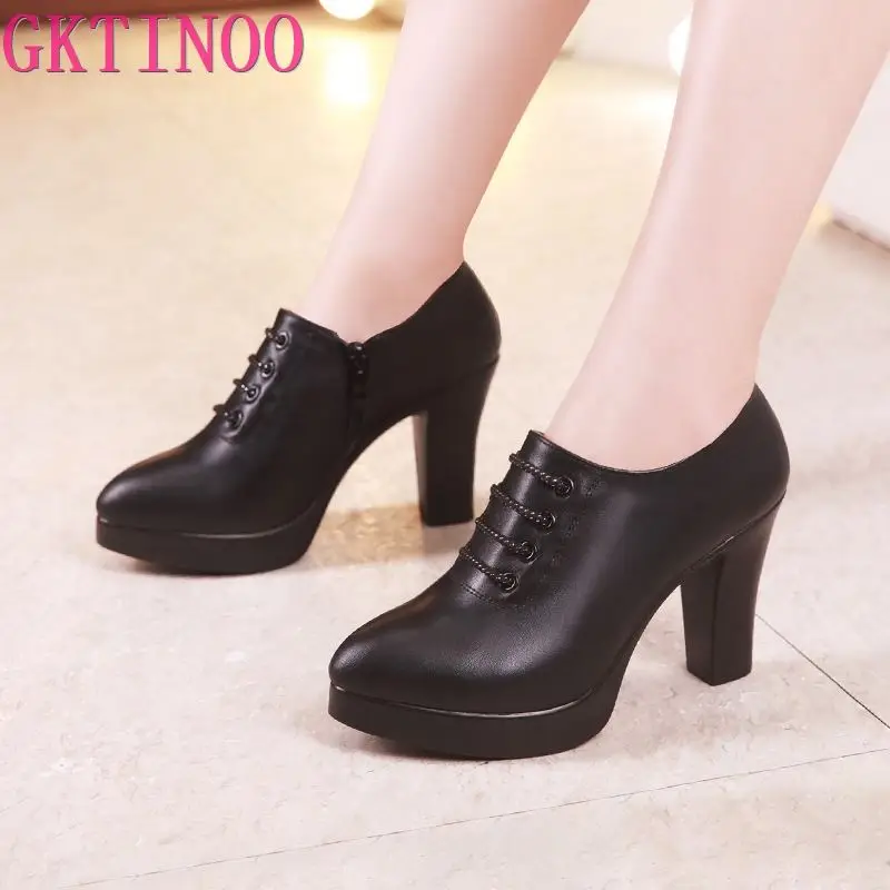 GKTINOO New Office Ladies Shoes Women Pumps High Heels Deep Mouth Block Lace Up Platform Heels Fashion Leather Shoe Black