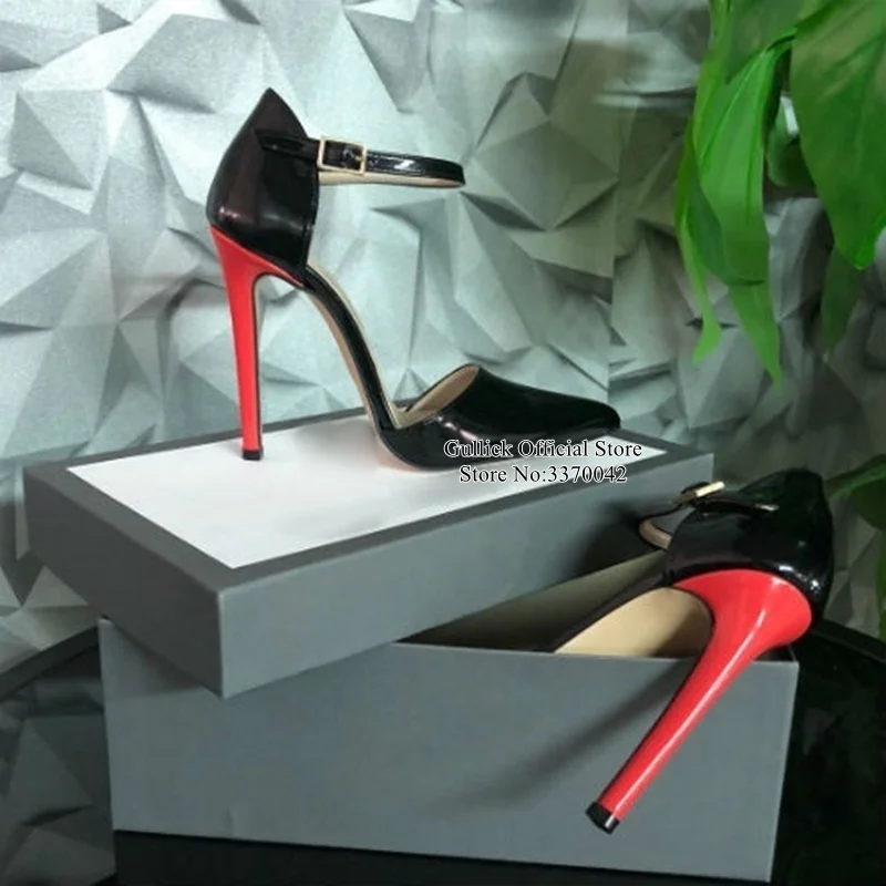 

Pink Black Patent Leather Patchwork Dress Shoes Ankle Strap Stiletto Heels Women Pumps Cut-out Gladiator Shoes