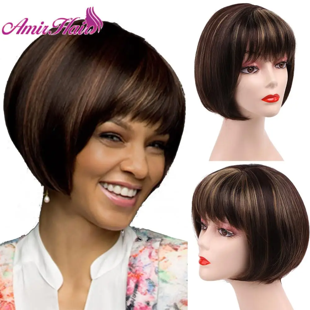 Aimr Short Bob Wigs Natural Straight Synthetic Hair Wig Cosplay Heat Resistant Blonde Brown Mixed Color Ombre Pelucas Hairpiece