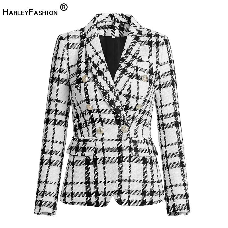 HarleyFashion Luxury European Design Thick Winter Tweed Plaid Blazers Slim Quality Casual Classic All-match Female Jackets