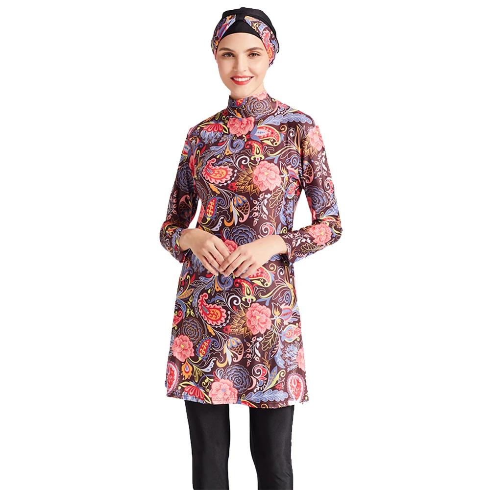 3-częściowy strój kąpielowy muzułmański burkini z nadrukiem, długi rękaw, spodnie, hidżab, kostium kąpielowy zakrywający całe ciało