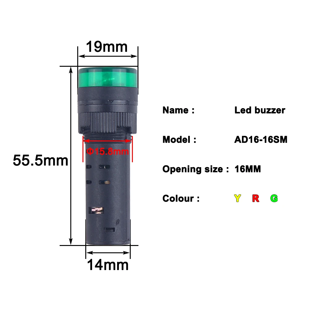 AD16-16SM-luz indicadora de alarma LED, lámpara de señal de metal, pitido activo, zumbador, sonido intermitente rojo, 12V, 24V, 220V, 16mm