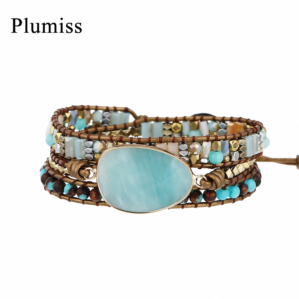 Plumiss High End Amazonite Leather Wrap Bracelets Dropship Mixed Natural Stone Boho Bracelet for Women Copper Turquoises Jewelry