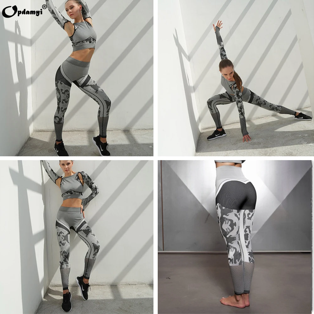 Yoga Pants Women Seamless Crop Tops Long Mesh Sportswear High Waist Leggings Fitness Sport GYM Camo Suits Tight Workout Pants