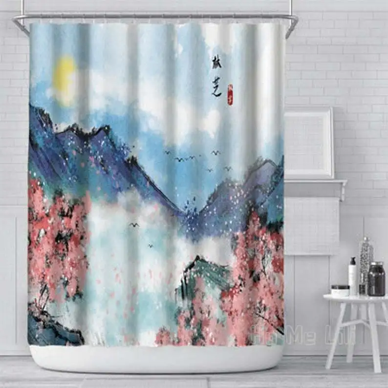 Mountain Scene Shower Curtain Oil Painting Style Art Waterproof Bathroom Decor