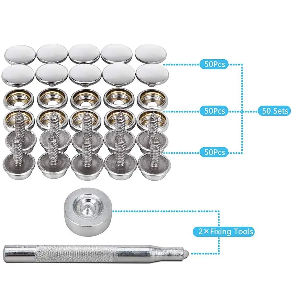 10/50sets Stainless Steel Marine Grade Canvas and Upholstery Boat Cover Snap Button Fastener Kit 15mm Screws Snaps with tool