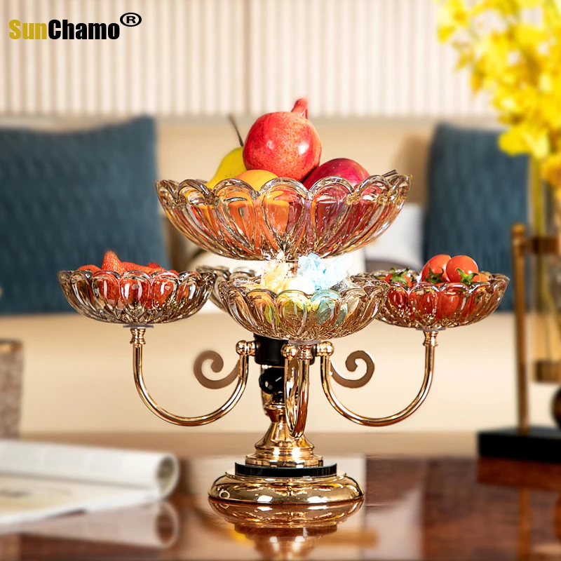 Sunchamo Fruit Tray Home Living Room Coffee Table Rotating Candy Box Snack Storage Light Luxury Crystal Glass Tall Decore Gifts