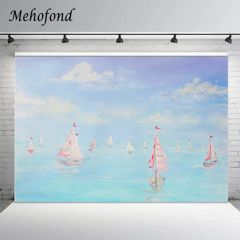 Mehofond Newborn Photography Background Painted Ocean Blue Sky White Clouds Boat Sea Baby Shower Birthday Backdrop Photo Props