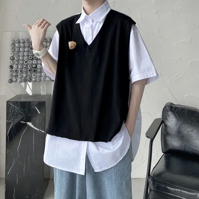 2022 summer new fake two-piece short-sleeved shirt men women aesthetic niche senior oversize versatile preppy style blouse tops