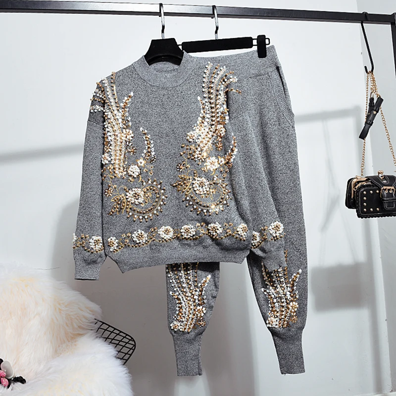 Red Black Gray Casual Knitted Tracksuit Women Outfits Autumn Fashion Beading Embroidery Pullover Sweater Pencil Pants Set Female