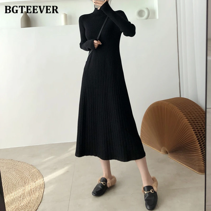 BGTEEVER Elegant Warm Half Turtleneck Ladies A-line Sweater Dress Full Sleeve Slim Waist Women Knitted Mid-Calf Vestidos Autumn