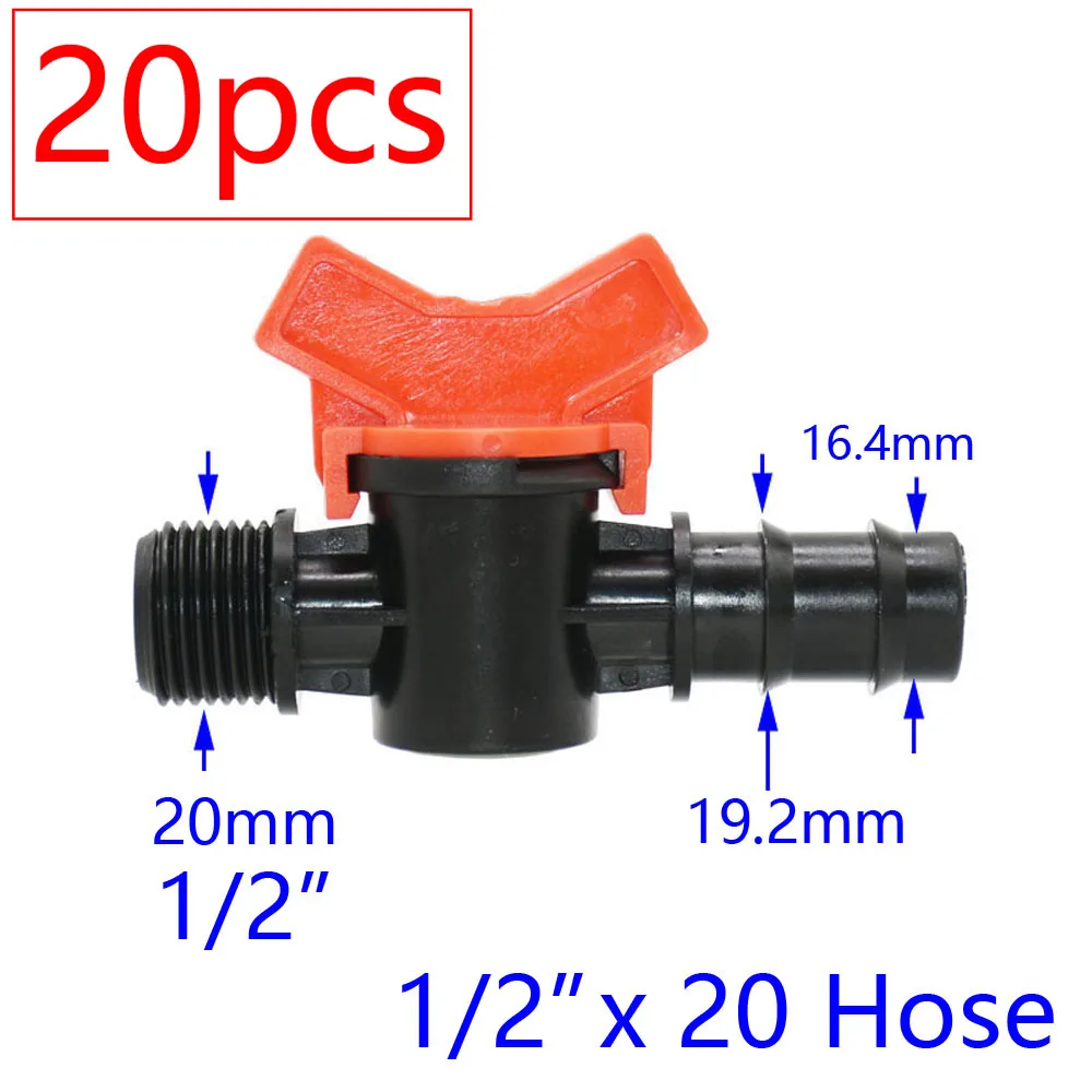 20pcs Drip Irrigation Mini Valve 4/7 3/8/10/12/16/20 /25mm Pipe Garden Tap 1/2" 3/4" Male Thread Water Hose Barb Connector