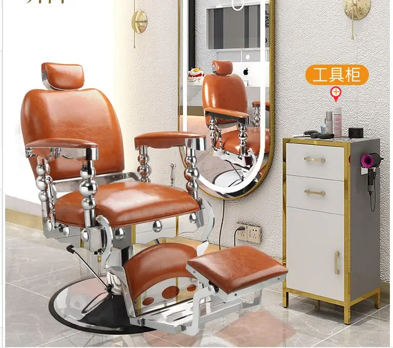 Oil-tipped chairs can lie down. Brown barber shop chairs shave and put down special oil-tipped chairs for hair salons. Men's hai