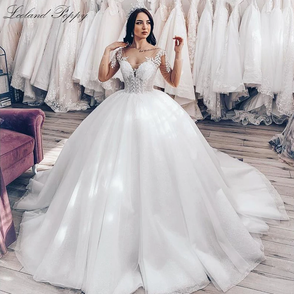 Lceland Poppy Customized Ball Gown Wedding Dresses Full Sleeves Illusion Beaded Lace Appliques Bridal Gowns