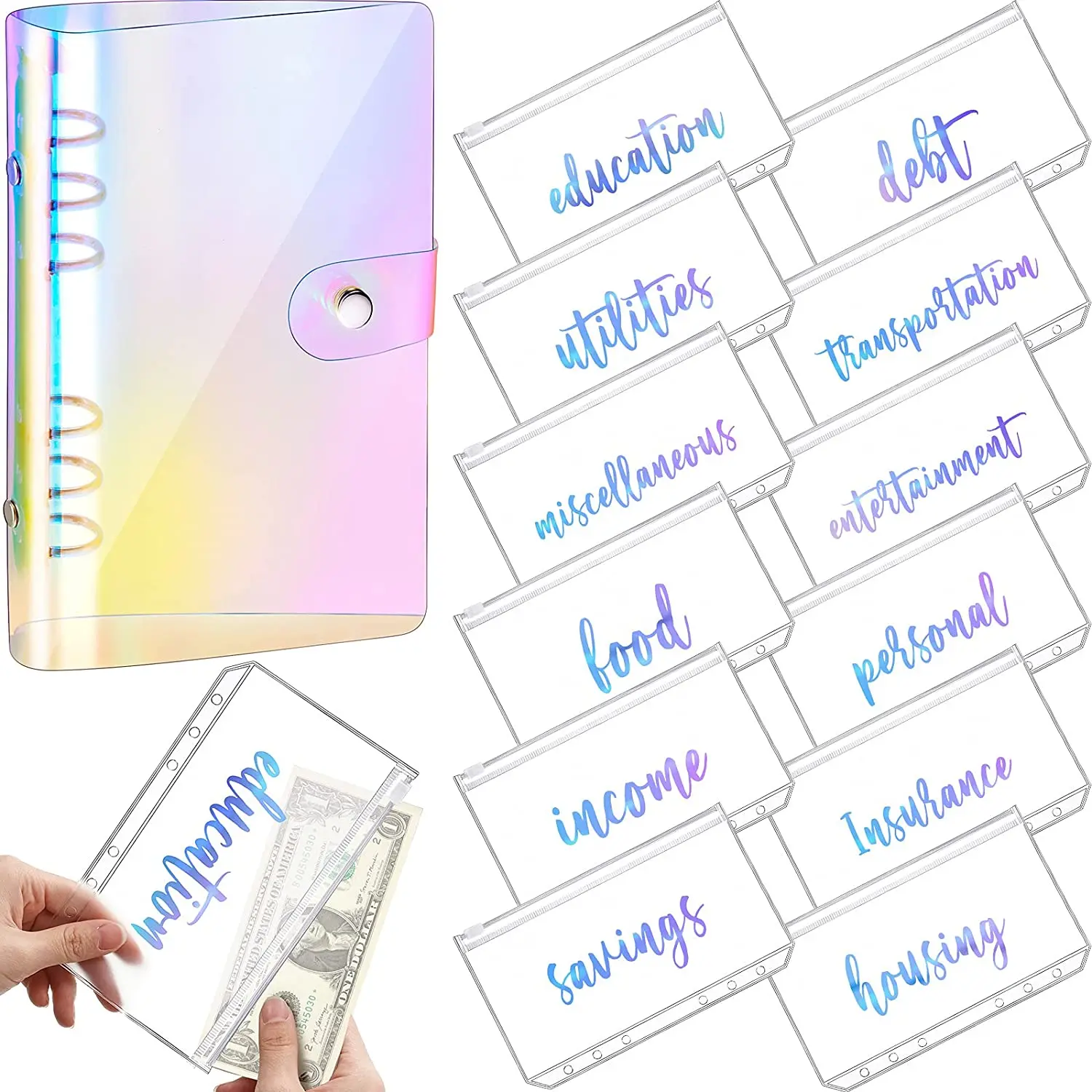 A6 Rainbow Soft PVC Notebook Cover, Planner Budget Binder Organizer with 12 Categories Zipper Binder Envelopes for Bill Planner