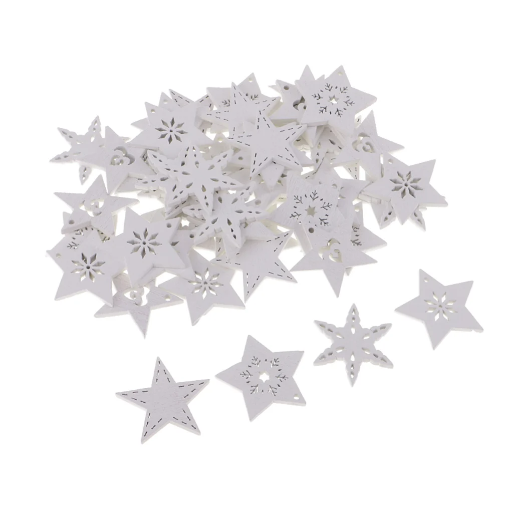 50pcs White Stars Wood Scrapbooking Crafts DIY Xmas Tree Hanging Decorations