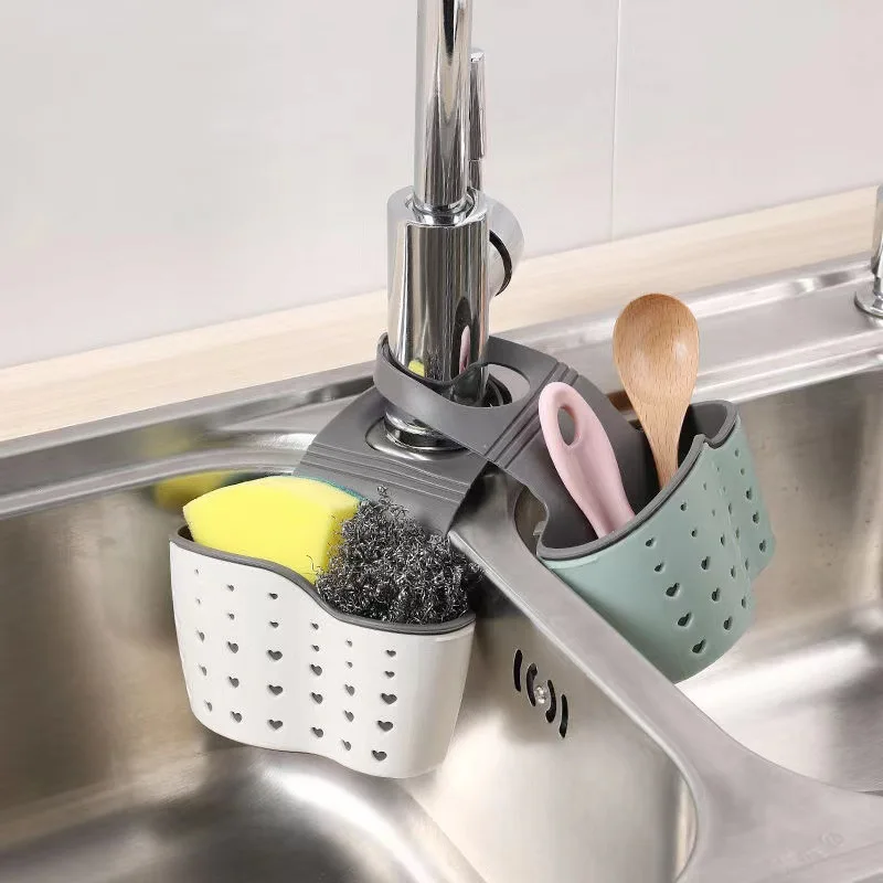 Kitchen Storage Sink Shelf Soap Sponge Drain Rack Silicone Storage Basket Bag Faucet Holder Adjustable Holder Sink Accessories