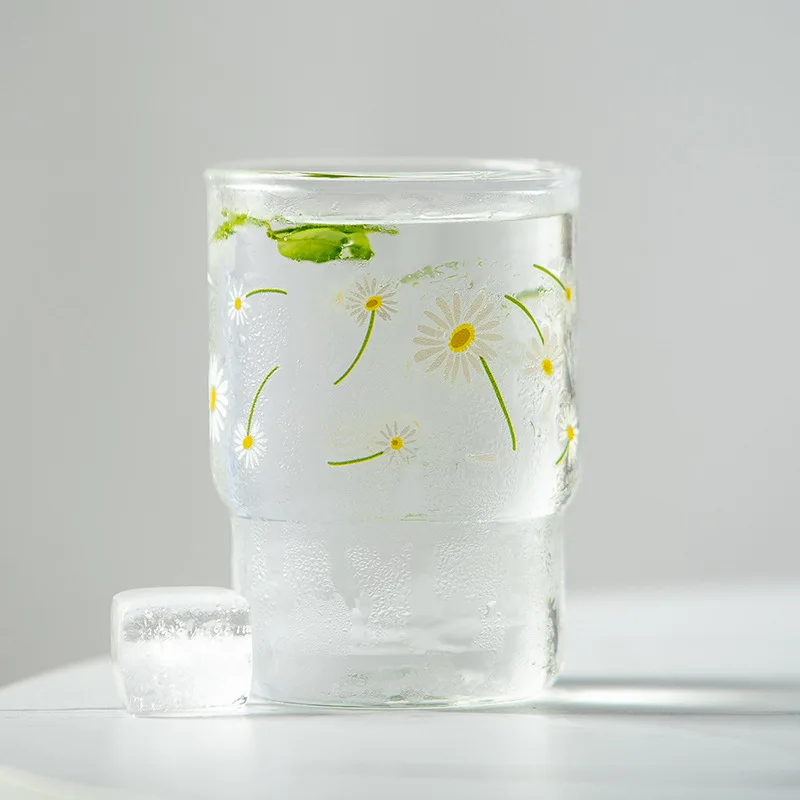 Cute Flower Printed Glass Tumblers Cup, Stackable, Milk, Juice, Water Drinking, 260ml