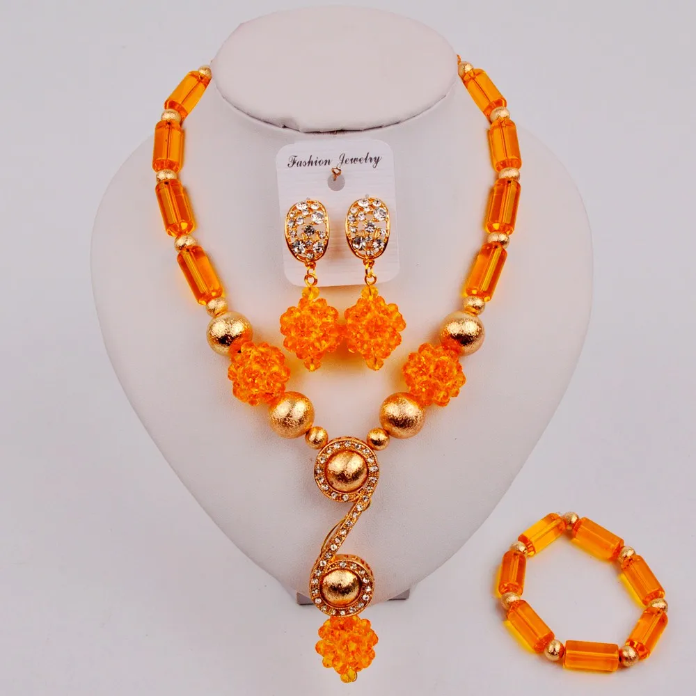 Simple Fashionable Orang Crystal Column New Nigerian Bride Wedding Jewelry African Wedding Banquet Necklace Jewelry Set LS-49