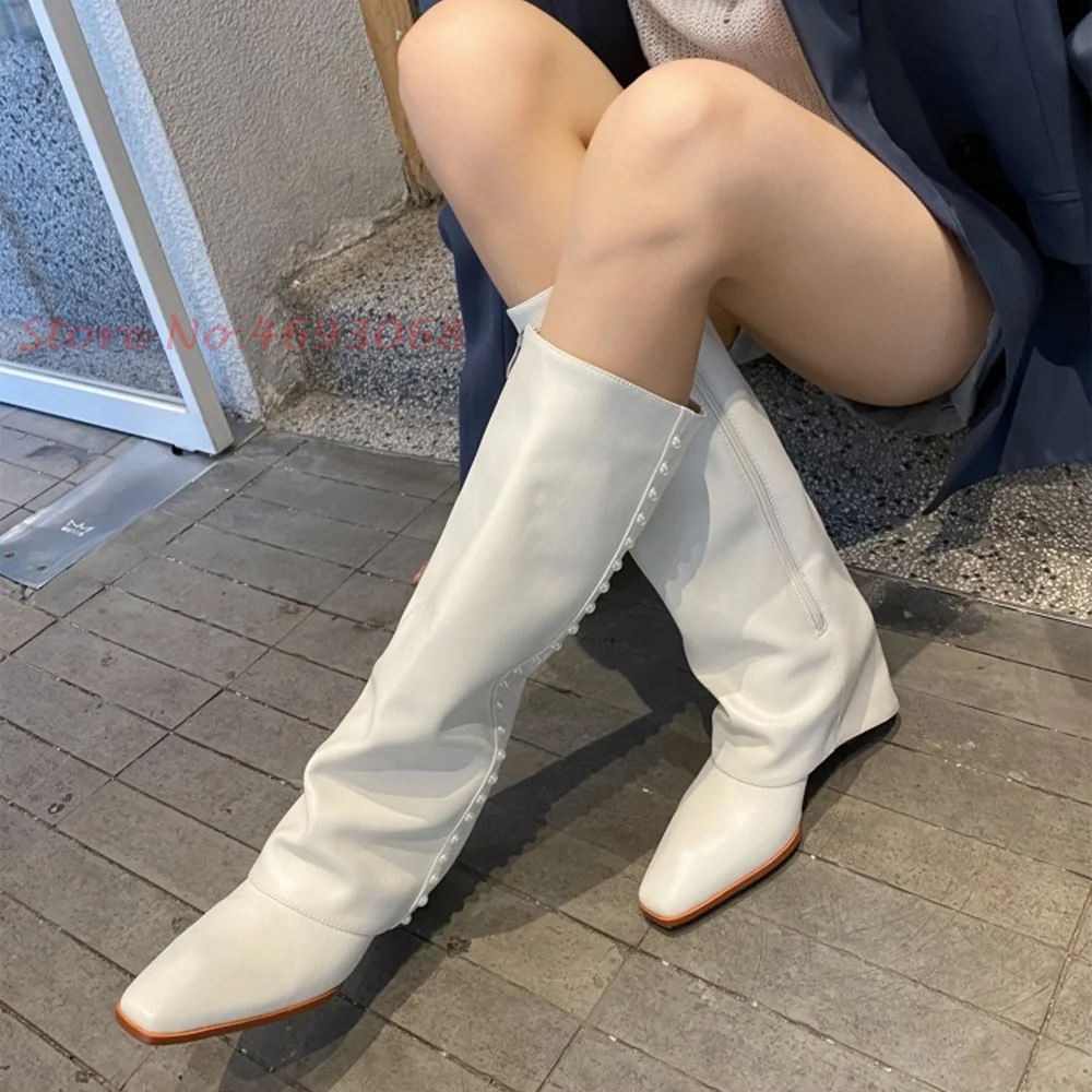 Wedges Pearl Knee High Boots Funky Women Zipper High Quality Pointed Toe Turned-over Edges Modern Boots Casual British Style