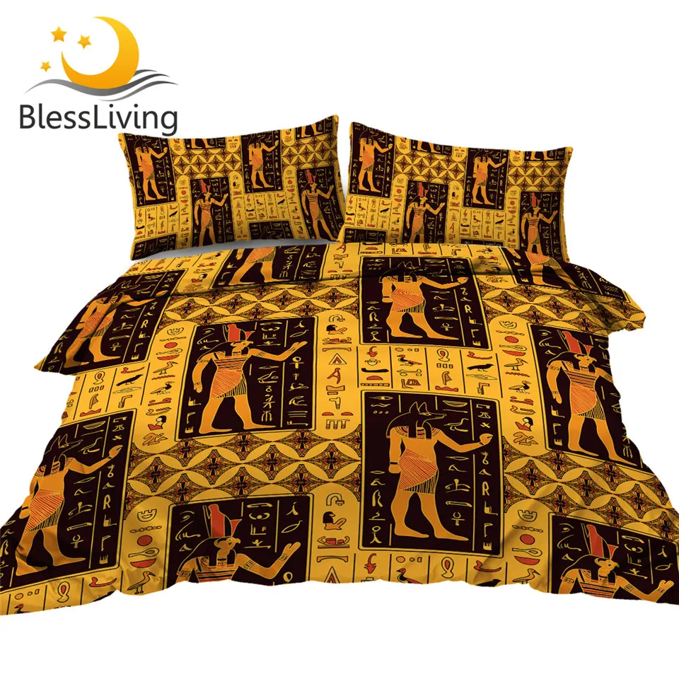 BlessLiving Ancient Bedding Sets Egyptian Gods Comforter Cover Hieroglyphs 3 Piece Duvet Cover Set King Size Retro Bedspreads