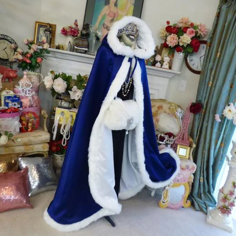 

Royal Blue Wedding Jacket Wraps Fsahionable Warm Winter Fur Velvet Hood Capes For Women Men Cosplay Bridal Cloaks