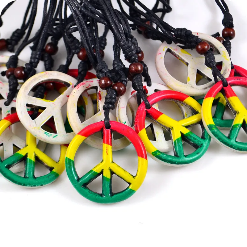 Red Yellow Green Peace Sign Resin Pendant Necklaces Jamaica Tafari Rastafarian Reggae Amulet Lucky Gift Cool Tribal Totem