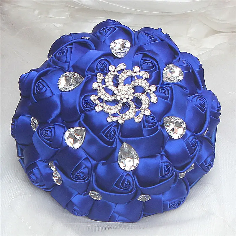 WifeLai-A Gorgeous Wedding Flowers Royal Blue Silk Ribbon Rose Bridal Bouquets Holding Flowers With Crystal buque de noiva W291