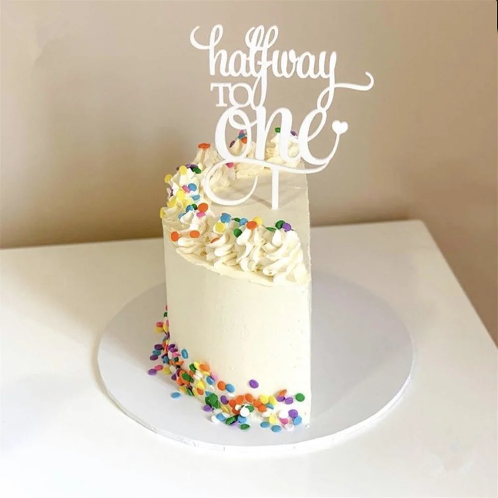 Halfway To One Cake Topper Acrylic Wooden For Baby Shower 1/2 Birthday Cake Party Decor Baking Supplies