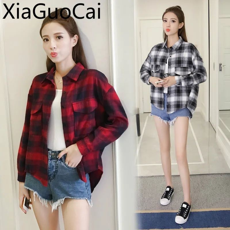 White and Black Spring and Summer Women Shirts New Plaid Women Long Sleeve Shirt Summer Loose Wild Ladies Blouse