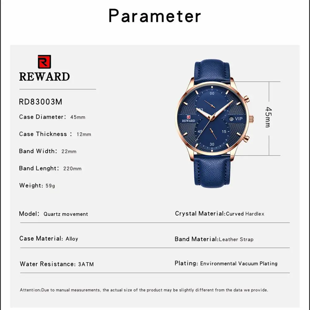 REWARD Rose Gold Quartz Wrist Watches for Men Blue Leather Band Calendar Display Grid Dial Design Business Watch Male