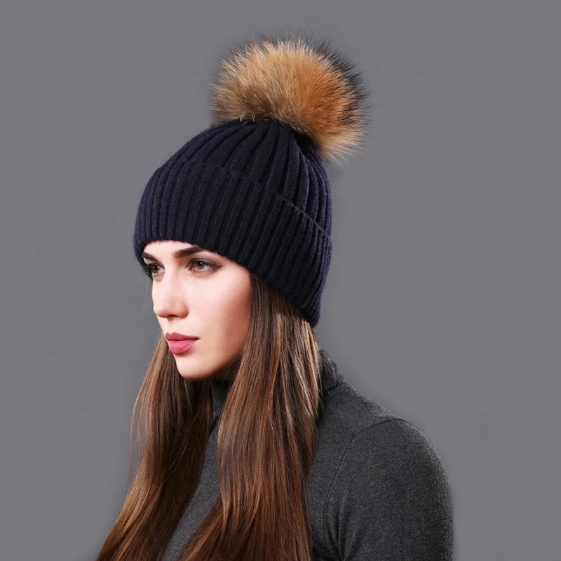 CNTANG Autumn Winter Hat Fashion Women Beanies Raccoon Fur Pompom Hats Casual Warm Knitted Wool Cap For Female Girls