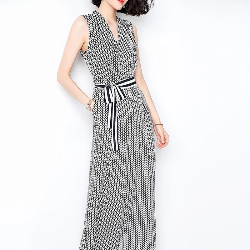 V-neck waist thin slim feeling wide leg pants sleeveless print casual jumpsuit female 2023 new