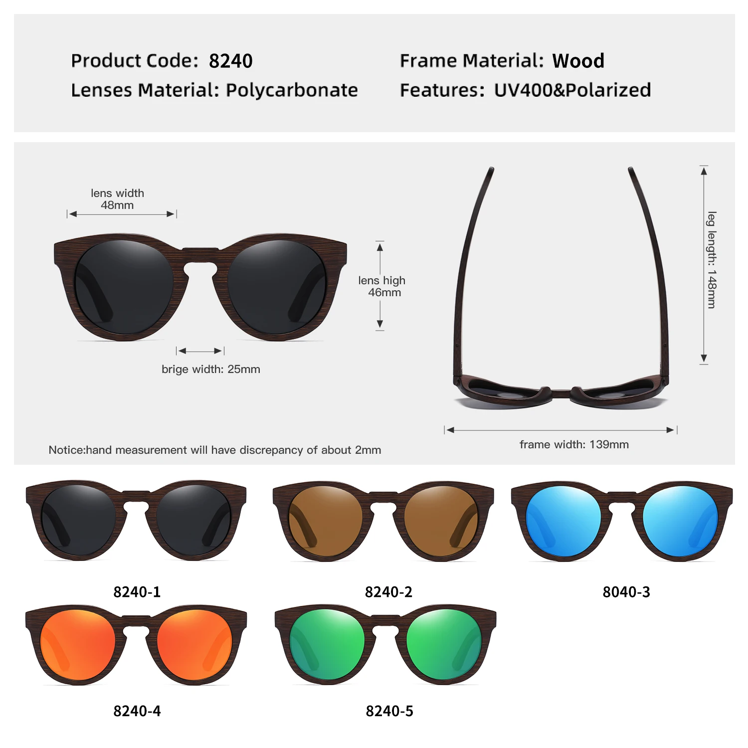 GM-gafas de sol ovaladas para hombre y mujer, lentes de sol polarizadas de madera 100%, a la moda, protección UV400, caja cuadrada de madera