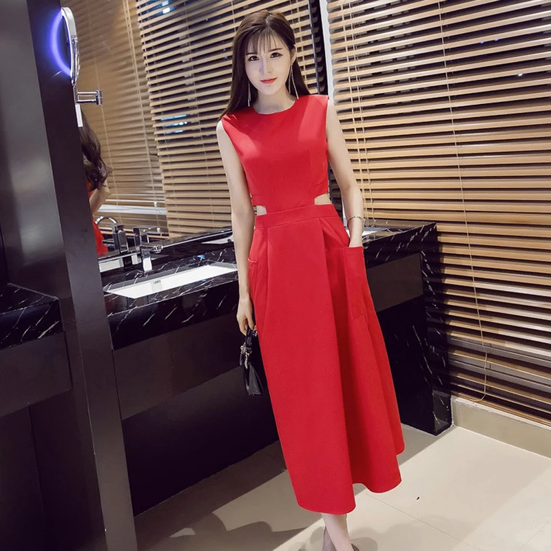 Wome Summer Dress 2023 New Fashion Slim Was thin Collect waist Round neck Sleeveless Dress Hollow Sexy Black Dress Female OK064