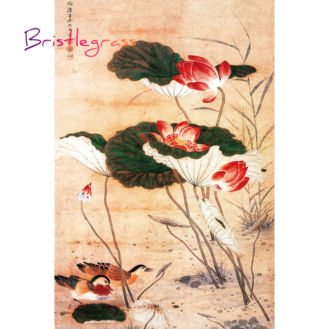 

BRISTLEGRASS Wooden Jigsaw Puzzles 500 1000 Piece Lotus Flower Mandarin Duck Educational Toy Collectibles Chinese Painting Decor