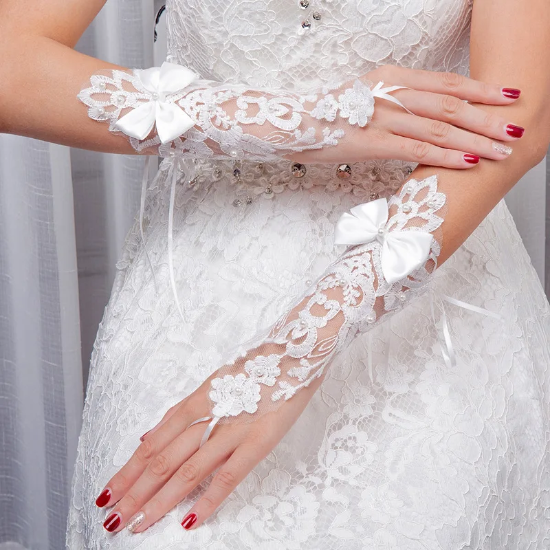 JaneVini-guantes de novia sin dedos para mujer, elegantes guantes cortos de encaje blanco con perlas, guantes largos de ópera, accesorios para fiesta de boda, 2019