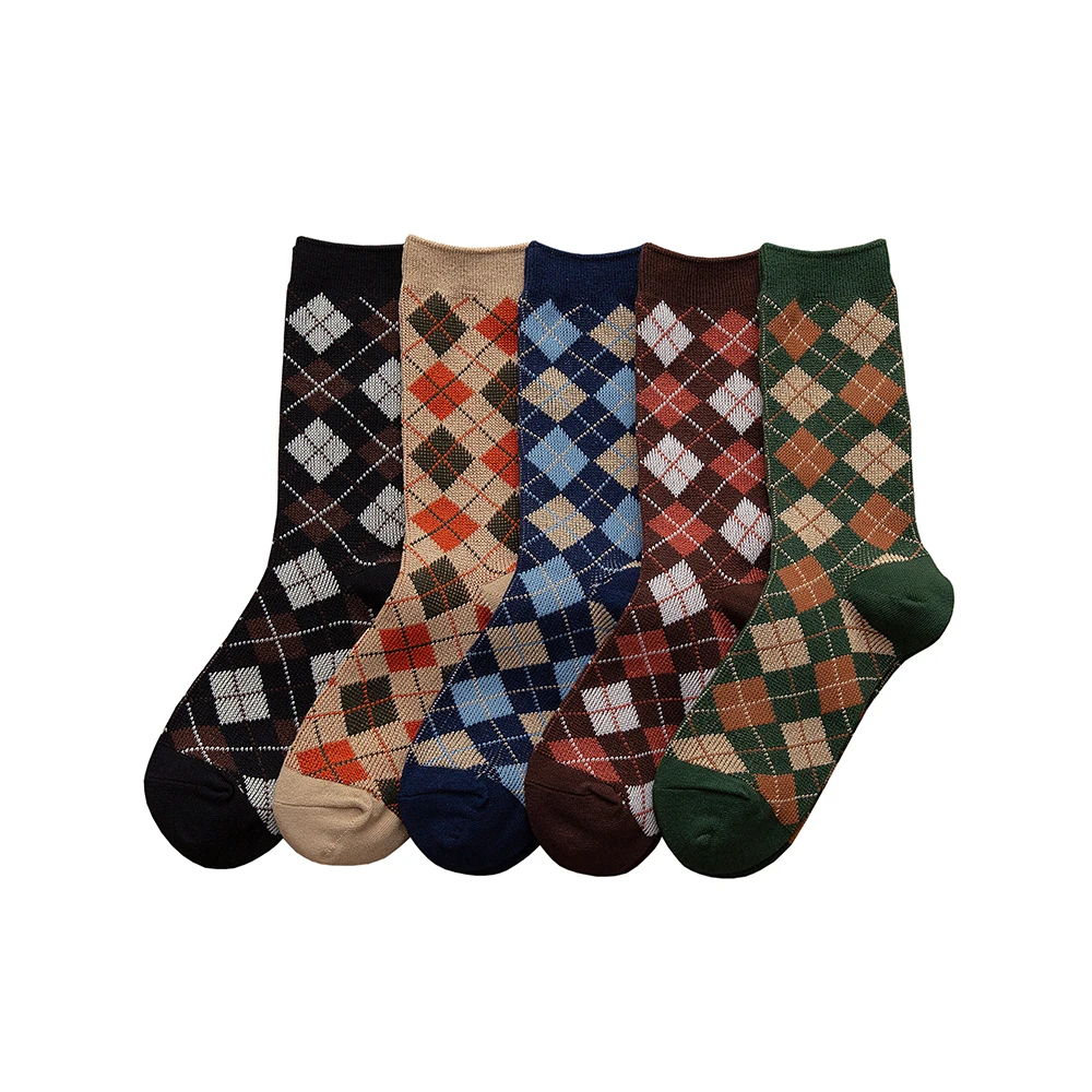 1 Pair Women Socks Spring Autumn Retro Style High Quality Men Couple Cotton Socks Little Small Diamond Pattern Solid Color Socks