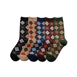 1 Pair Women Socks Spring Autumn Retro Style High Quality Men Couple Cotton Socks Little Small Diamond Pattern Solid Color Socks